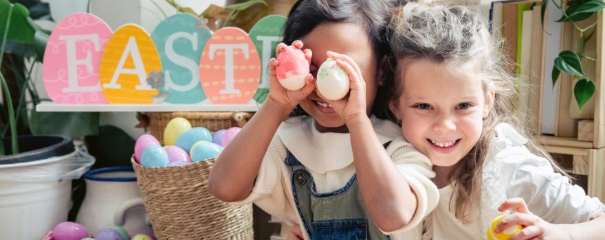 Children with Easter eggs and baskets.