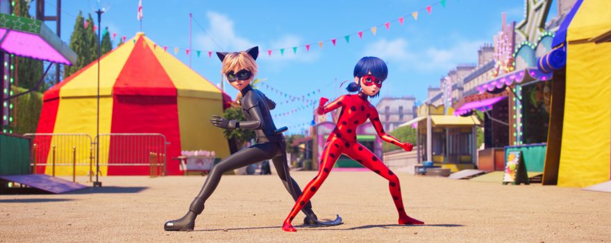 Animated scene of two superhero characters from Miraculous: Ladybug & Cat Noir, the Movie, which is one of many kids movies stream this summer.